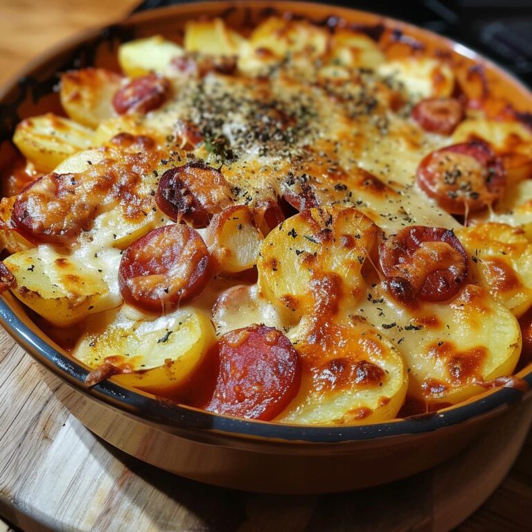 Gratinado de batata com Chouriço e Bechamel de tomate
