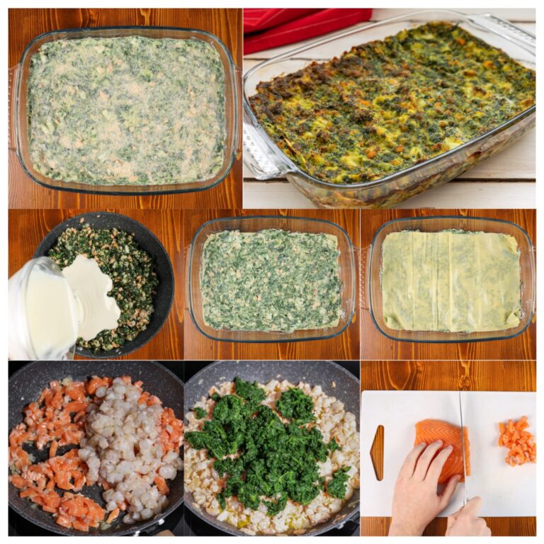 Lasanha branca com salmão, camarão e espinafres
