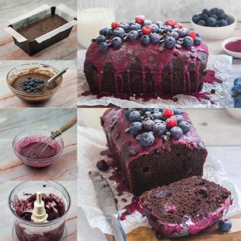 Bolo de ameixa de cacau e mirtilo