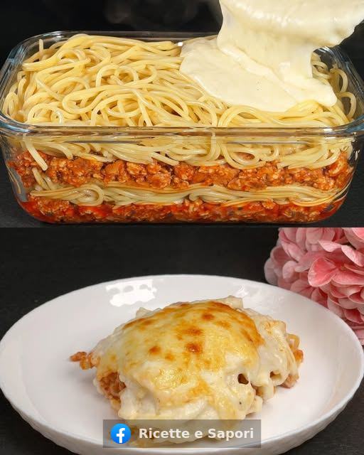 Esparguete assado com carne picada e bacon