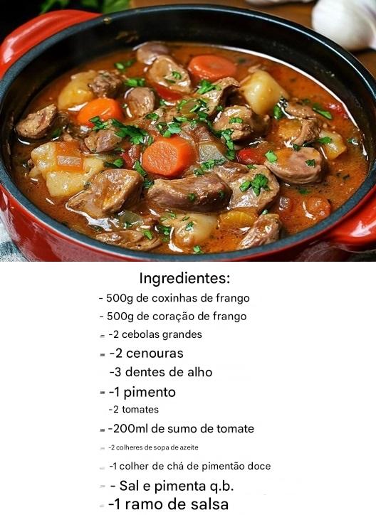Estufado de peitos e corações de frango com polenta